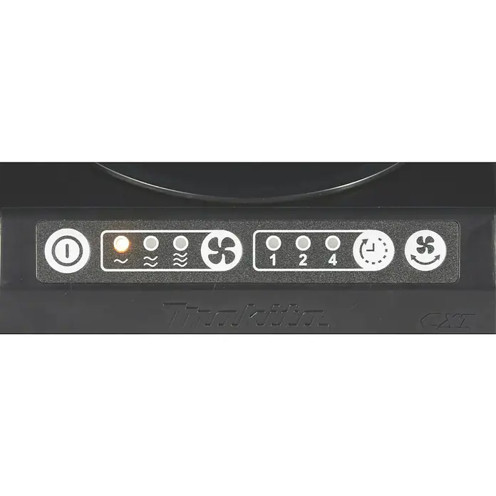 Makita LXT 18V Akku-Ventilator DCF102Z - 18 V, Ohne Akku - Nahaufnahme der Bedienelemente des Makita-Ventilators mit hervorgehobener Wärmestufe. Hervorragende, tragbare und effiziente Lösung.