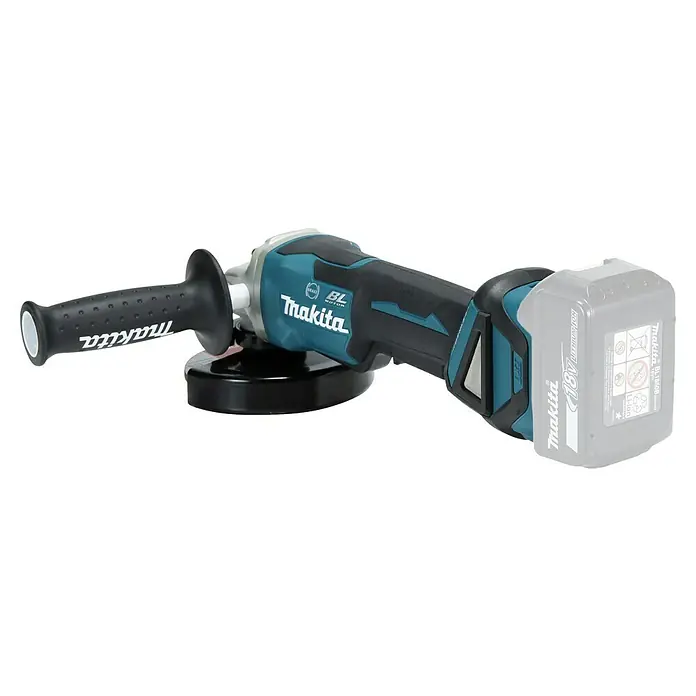 Makita LXT 18V Akku-Winkelschleifer DGA517Z - Ohne Akku, Durchmesser Scheibe: 125 mm - Akkubetriebener Winkelschleifer von Makita in Türkis und Schwarz mit Zusatzhandgriff und abnehmbarem Akku.