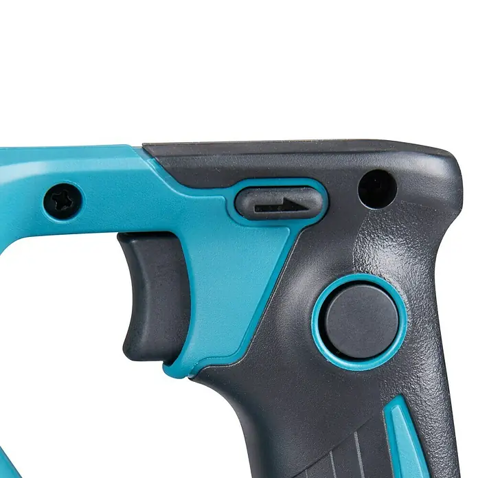 Makita LXT 18V Akku-Trockenbauschrauber mit Magazin DFR552Z - 18 V, Ohne Akku, 0 U/min - 4.500 U/min - Detailaufnahme einer Akku-Stichsäge mit Fokus auf den ergonomischen Griff und die Bedienelemente. Das Werkzeug ist in Türkis und Schwarz gehalten.