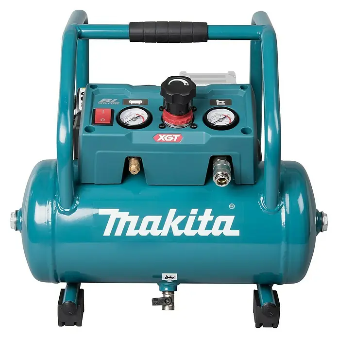 Makita XGT 40V max. Compresor de batería AC001GZ - 40 V, Sin batería, 9,3 bar - Primer plano de un compresor de aire turquesa Makita con controles, medidores y asa de transporte para facilitar su transporte.