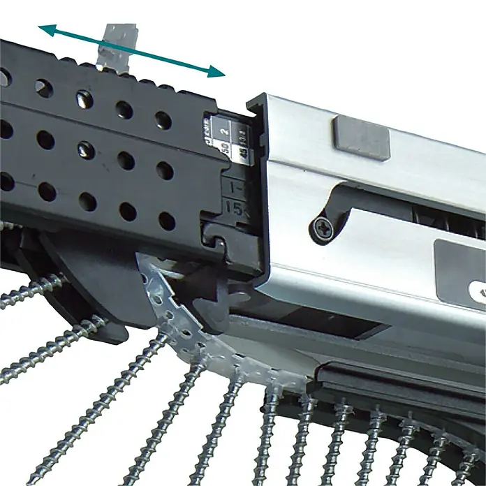 Makita LXT 18V Akku-Trockenbauschrauber mit Magazin DFR750Z - 18 V, Ohne Akku - Detailaufnahme eines Schubladenauszugs mit Schraubenbefestigung. Das System ermöglicht eine präzise Einstellung und Montage.
