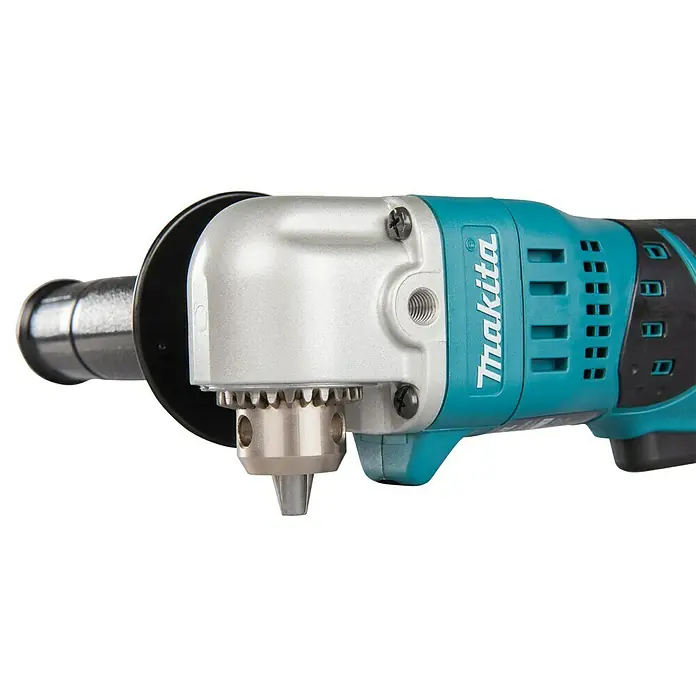 Makita LXT 18V Akku-Winkelbohrmaschine DDA350Z - Ohne Akku, Leerlaufdrehzahl: 1.800 U/min - Nahaufnahme einer Makita Winkelbohrmaschine in Türkis und Silber, ein Werkzeug für präzises Bohren in schwer zugänglichen Bereichen.