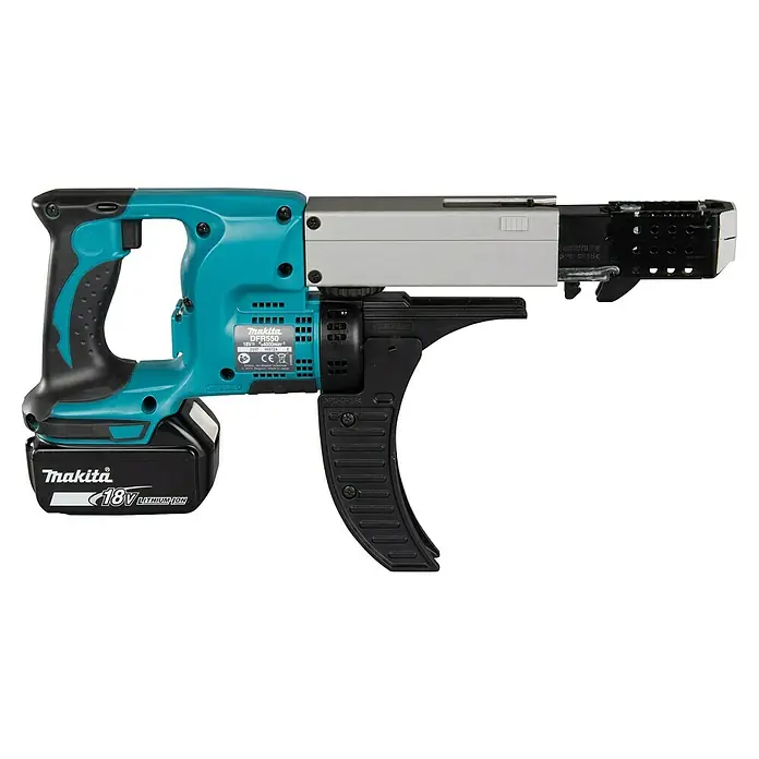 Makita LXT 18V Atornillador para placas de yeso de batería DFR550RTJ - 18 V, 2 baterías, 5 Ah, 4.000 r.p.m., Maleta incluida - Atornillador inalámbrico Makita DFR550 con batería de iones de litio de 18V y alimentador automático para atornillado rápido.