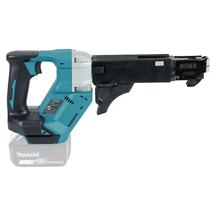 Makita LXT 18V Atornillador para placas de yeso de batería DFR552Z - 18 V, Sin batería, 4.500 r.p.m. - Esta imagen muestra un atornillador para paneles de yeso inalámbrico Makita DFR552, una herramienta para atornillar eficientemente.