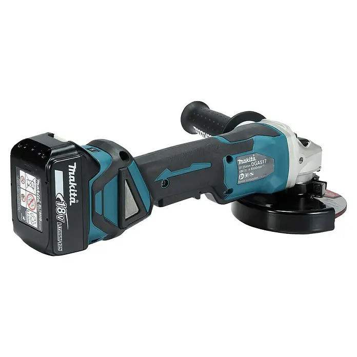 Makita LXT 18V Akku-Winkelschleifer DGA517RTJ - 2 Akkus, 5 Ah, Durchmesser Scheibe: 125 mm - Makita DGA517 Akku-Winkelschleifer mit 18V Lithium-Ionen-Akku, ideal zum Schleifen und Trennen in Werkstatt und Baustelle.