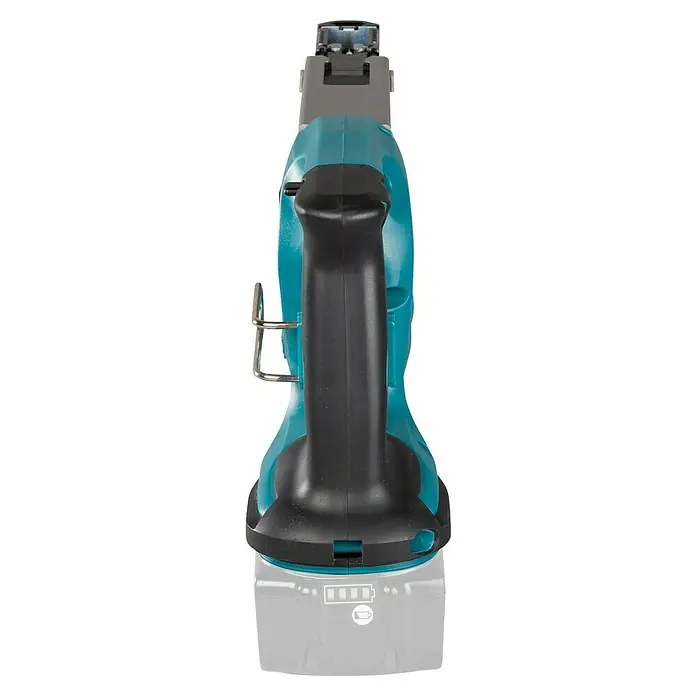 Makita LXT 18V Atornillador para placas de yeso de batería DFR550Z - 18 V, Sin batería, 4.000 r.p.m. - Primer plano de una sierra de calar inalámbrica Makita, centrándose en el mango y la batería. Ideal para cortes precisos.