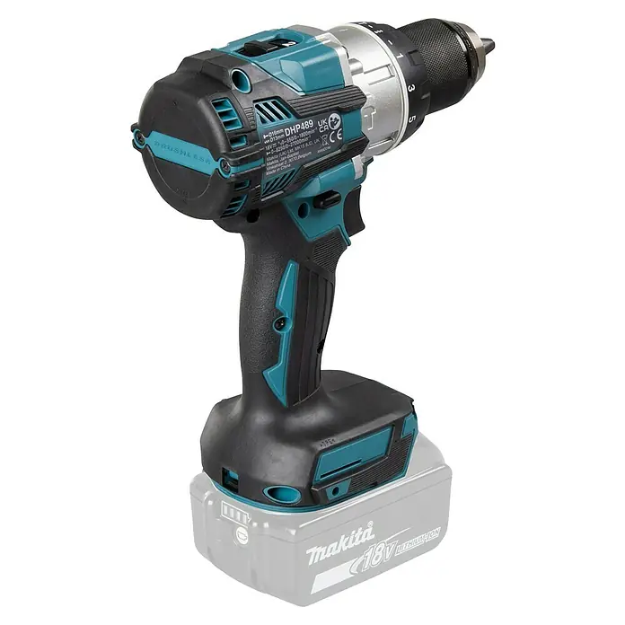Makita LXT 18V Akku-Schlagbohrschrauber DHP489Z - 18 V, Ohne Akku, 73 Nm - Abbildung eines Akku-Bohrschraubers von Makita mit einem 18-V-Lithium-Ionen-Akku und bürstenloser Technologie.
