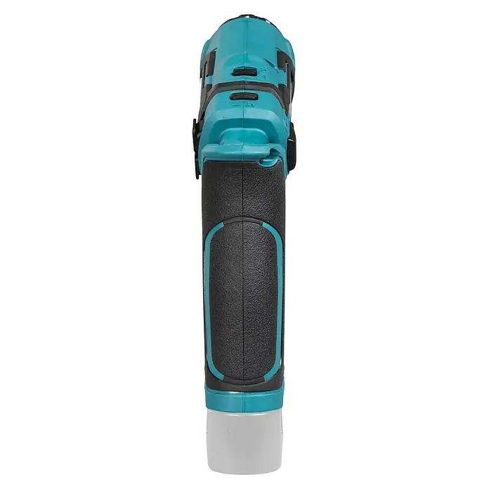 Makita Atornillador recto de batería DF012D - 7,2 V, Sin batería, 5,6 Nm - Vista detallada de un taladro inalámbrico con un mango ergonómico y detalles turquesa para un mejor manejo.