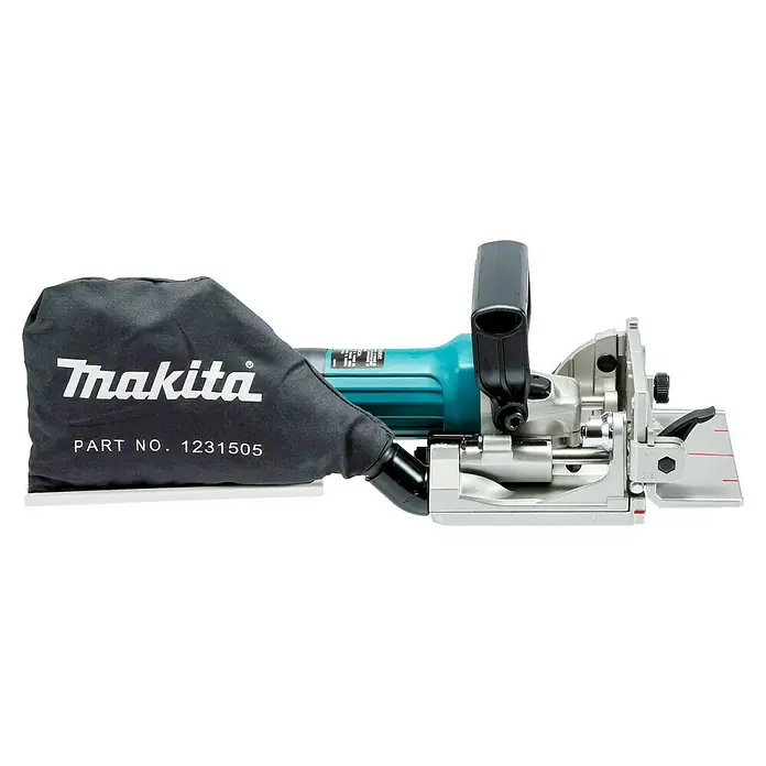 Makita Máquina fresadora PJ7000J - 701 W, Número de revoluciones de marcha en vacío: 110.000 r.p.m. - Vista detallada de la fresadora de ensamblaje Makita. Una herramienta robusta para trabajos de madera precisos, ideal para profesionales y aficionados al bricolaje.