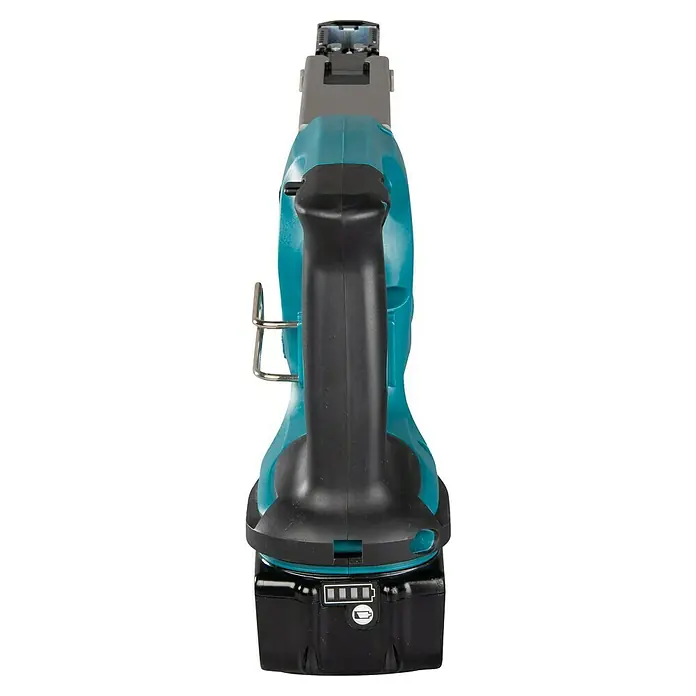 Makita LXT 18V Atornillador para placas de yeso de batería DFR550RTJ - 18 V, 2 baterías, 5 Ah, 4.000 r.p.m., Maleta incluida - Primer plano de una sierra de calar inalámbrica con cuerpo color verde azulado y mango negro, que muestra claramente el indicador de batería.