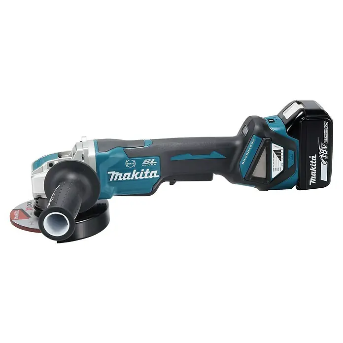Makita LXT 18V Amoladora angular de batería DGA519RTJ - 18 V, 2 baterías, Diámetro disco: 125 mm - Imagen de una amoladora angular inalámbrica Makita, destacada por su combinación de colores azul y negro, mostrando un diseño robusto.