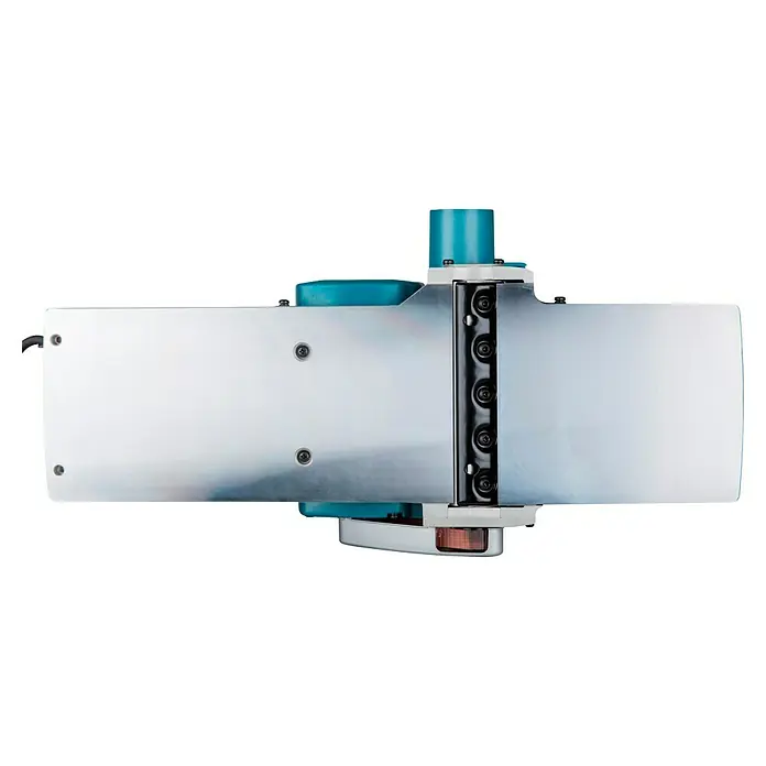 Makita Elektrohobel 1806B - 840 W, Leerlaufdrehzahl: 0 U/min - 16.000 U/min - Draufsicht auf eine Hobelmaschine mit glatter, silberner Oberfläche und schwarzen Schrauben, die eine präzise Holzbearbeitung verspricht.
