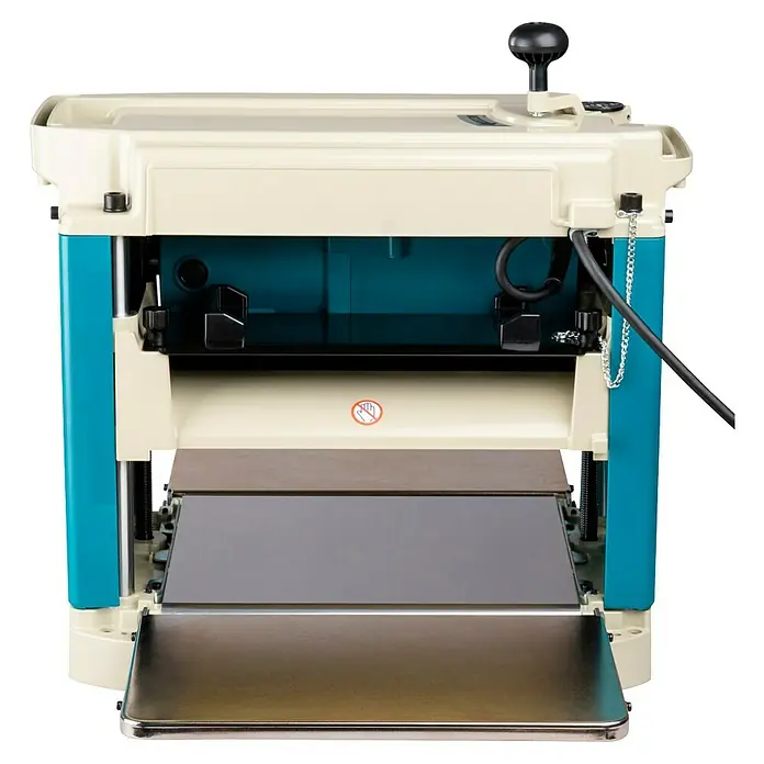 Makita Dickenhobelmaschine 2012NB - 8.500 U/min, Max. Spanabnahme Dickenhobel: 3 mm - Nahaufnahme einer Dickenhobelmaschine mit blauem und beigem Gehäuse, die für Holzbearbeitungsprojekte verwendet wird.