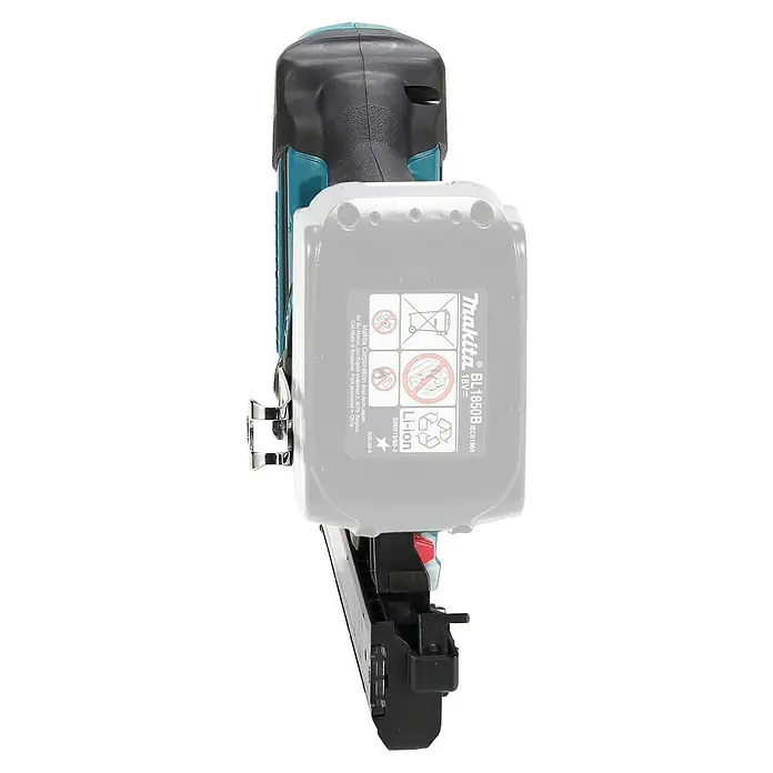 Makita LXT 18V Akku-Nagler Stauchkopfnagler DFN350Z - 18 V, Ohne Akku, Länge Nagel: 15 mm - 35 mm - Nahaufnahme des Makita BL1850B Akkus mit gut sichtbaren Details und Aufschriften für den professionellen Einsatz.