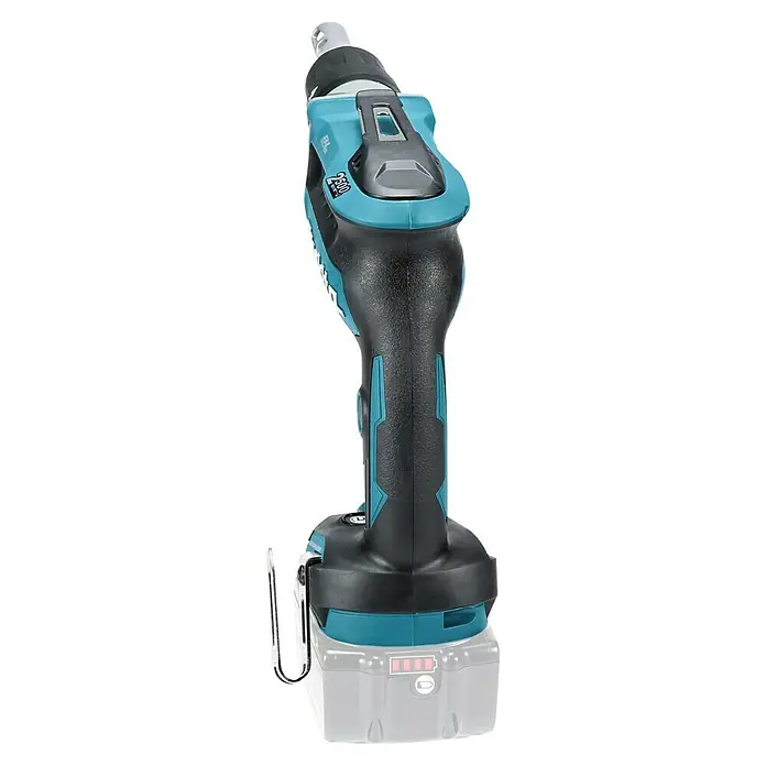 Makita LXT 18V Atornillador para placas de yeso de batería DFS250 - 18 V, Sin batería - Primer plano de un atornillador para paneles de yeso inalámbrico Makita con detalles en turquesa y un clip para cinturón para uso profesional.