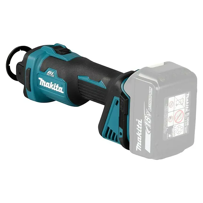 Makita LXT 18V Herramienta rotativa a batería DCO181Z - 18 V, Número de revoluciones de marcha en vacío: 32.000 r.p.m. - Primer plano de una multiherramienta inalámbrica Makita con una batería de iones de litio de 18V, diseñada para diversas aplicaciones.