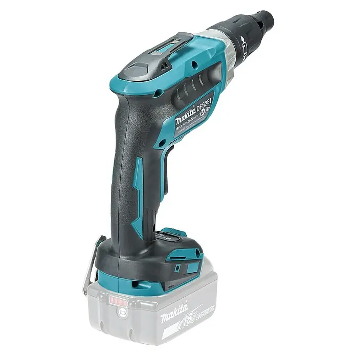 Makita LXT 18V Atornillador para placas de yeso de batería DFS251Z - 18 V, Sin batería - Imagen de un atornillador para placas de yeso Makita DFS251 con batería. Destornillador para placas de yeso diseñado para uso profesional.