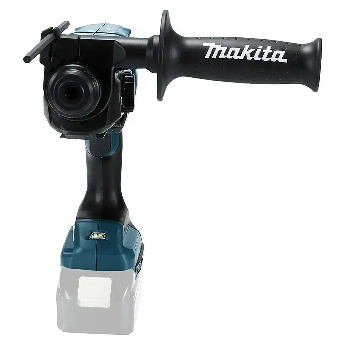 Makita LXT 18V Akku-Kombihammer DHR182Z - 18 V, Ohne Akku, 1,7 J - Nahaufnahme einer Makita Akku-Winkelbohrmaschine, die sich ideal für schwer zugängliche Stellen eignet. Leistungsstark und präzise.