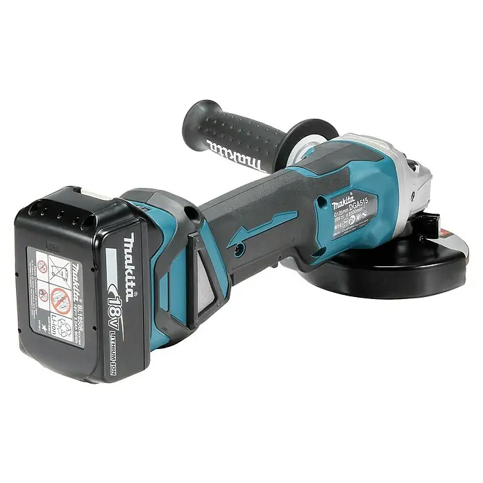 Makita LXT 18V Akku-Winkelschleifer DGA515RTJ - 2 Akkus, Durchmesser Scheibe: 125 mm - Akkubetriebener Winkelschleifer von Makita mit Akku und Griff für Schleifarbeiten.