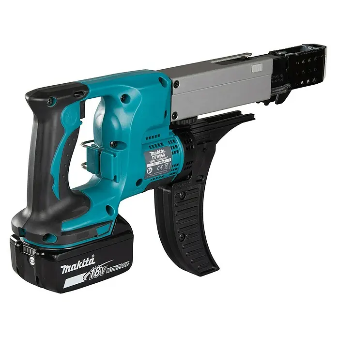 Makita LXT 18V Atornillador para placas de yeso de batería DFR550RTJ - 18 V, 2 baterías, 5 Ah, 4.000 r.p.m., Maleta incluida - Atornillador para paneles de yeso a batería Makita DFR550 con batería de 18V, ideal para aplicaciones de paneles de yeso. Potente y eficiente.