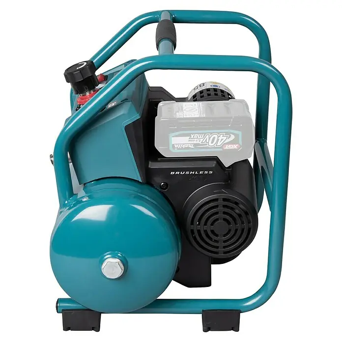 Makita XGT 40V max. Compresor de batería AC001GZ - 40 V, Sin batería, 9,3 bar - Compresor inalámbrico de Makita con carcasa azul y bloque motor negro. Es compacto y está diseñado para obras.