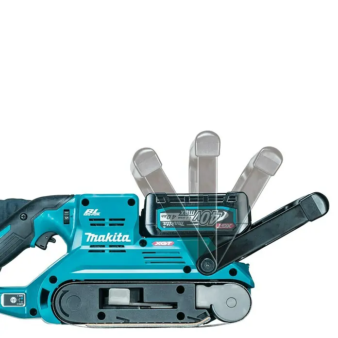 Makita XGT 40V max. Akku-Bandschleifer BS001GZ - 40 V, Ohne Akku - Abbildung eines Makita Akku-Bandschleifers mit einem 40V Akku. Das Gerät ist in den Farben Türkis und Schwarz gehalten.