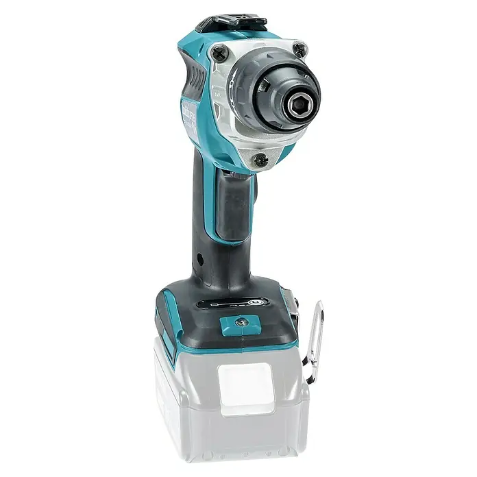 Makita LXT 18V Akku-Trockenbauschrauber DFS251Z - 18 V, Ohne Akku - Akku-betriebener Schraubendreher von Makita in Nahaufnahme. Das Gerät ist blaugrün, schwarz und silber und hat einen Bit-Halter.