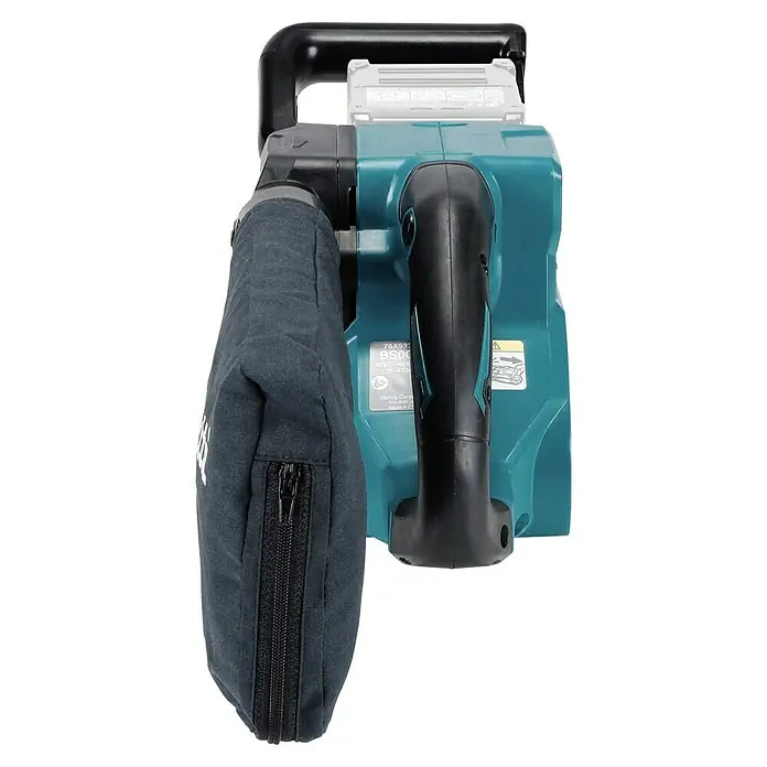 Makita XGT 40V max. Lijadora de banda de batería BS001G - 40 V, Sin batería - Primer plano de una lijadora de banda Makita con bolsa para el polvo que se abre con cremallera, en turquesa y negro.