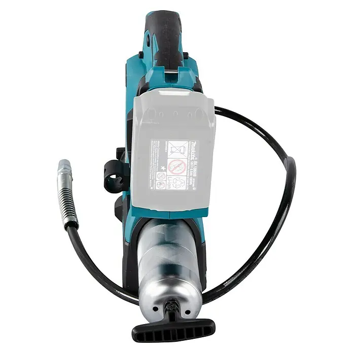 Makita LXT 18V Akku-Fettpresse DGP180Z - 18 V, Ohne Akku - Nahaufnahme einer akkubetriebenen Fettpresse von Makita mit gut sichtbarem Akku und Schlauch für den präzisen Einsatz.