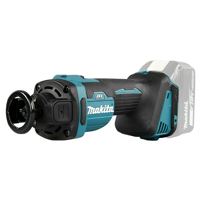 Makita LXT 18V Herramienta rotativa a batería DCO181Z - 18 V, Número de revoluciones de marcha en vacío: 32.000 r.p.m. - Primer plano de una amoladora angular inalámbrica Makita con detalles en verde azulado y empuñadura negra.