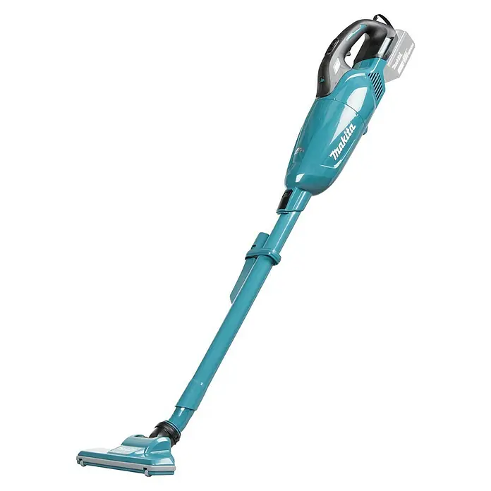 Makita LXT 18V Aspirador de batería DCL283FZ - 18 V, Sin batería, Volumen de recipiente: 0,25 l - Imagen de una aspiradora inalámbrica Makita turquesa. Ideal para limpiezas rápidas, ofreciendo libertad sin cables y eficiencia.