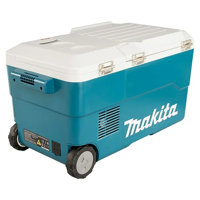 Makita XGT 40V max. Akku-Kühlbox CW001GZ01 - 40 V, Behältervolumen: 20 l, 62,3 x 37,1 x 34,1 cm - Das Bild zeigt eine Makita Kühlbox mit Rädern, ideal für den Transport und zum Kühlen von Getränken und Speisen.