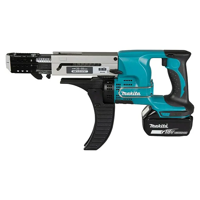 Makita LXT 18V Atornillador para placas de yeso de batería DFR550RTJ - 18 V, 2 baterías, 5 Ah, 4.000 r.p.m., Maleta incluida - Aquí tienes un atornillador para paneles de yeso inalámbrico Makita, alimentado por una batería de iones de litio de 18 V, perfecto para la instalación y fijación de paneles de yeso.