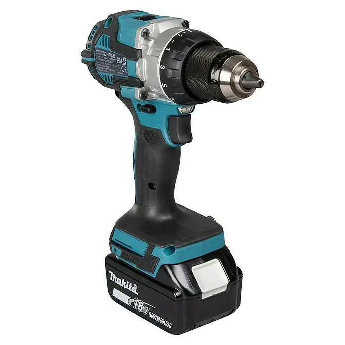 Makita LXT 18V Taladro atornillador percutor de batería DHP489RTJ - 18 V, 2 baterías, 5 Ah, 73 Nm - Taladro percutor inalámbrico Makita DHP489 con batería de 18V, ideal para trabajos exigentes de perforación y atornillado.