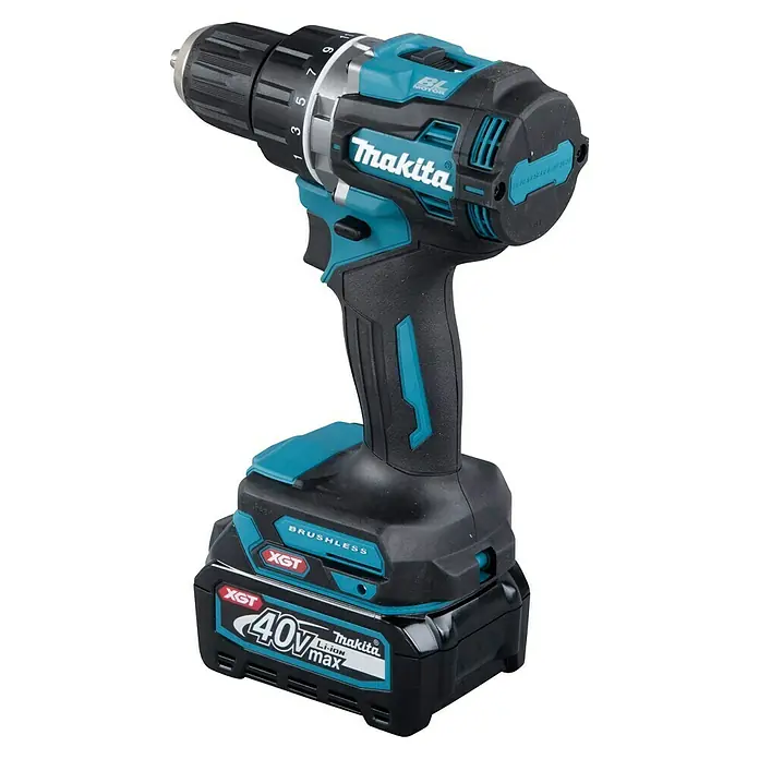 Makita XGT 40V max. Set de taladro atornillador de batería DF002GA202 - 40 V, 2 baterías, 2 Ah, Momento de torsión máx.: 64 Nm - Primer plano de un taladro inalámbrico Makita con una batería de 40V, ideal para tareas de taladrado y atornillado.