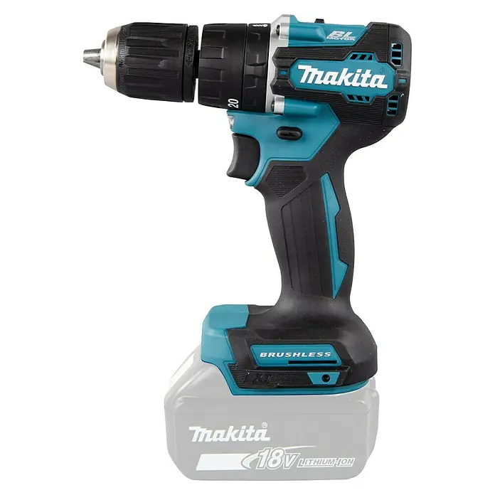 Makita LXT 18V Taladro atornillador percutor de batería DHP487 - 18 V, Sin batería, 40 Nm - Taladro inalámbrico Makita con batería. El taladro inalámbrico es de color azul, negro y plateado.