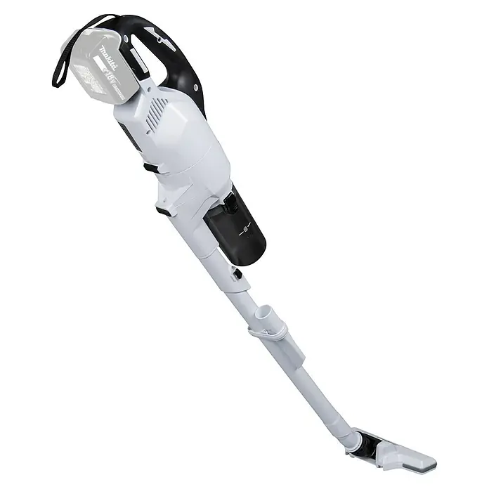 Makita LXT 18V Akku-Staubsauger mit Zykloneinheit DCL286FZW - 18 V, Ohne Akku, Behältervolumen: 0,25 l - Ein akkubetriebener Makita Staubsauger in Weiß und Schwarz, der für eine einfache Reinigung und Flexibilität im ganzen Haus sorgt.