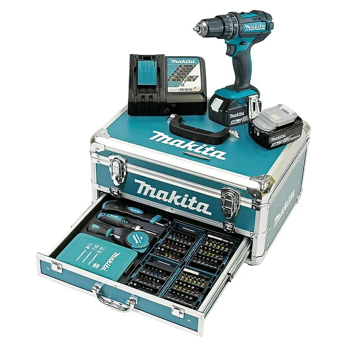 Makita LXT 18V Taladro atornillador percutor de batería DHP482RFX9 - 18 V, 2 baterías, 3 Ah - Maletín de herramientas Makita con taladro, baterías y accesorios. Ideal para aficionados al bricolaje y profesionales, este conjunto lo ofrece todo para el uso diario.