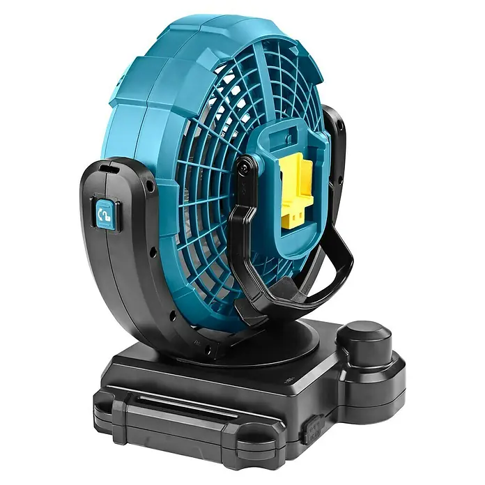 Makita LXT 18V Ventilador de batería DCF102Z - 18 V, Sin batería - Imagen de un ventilador portátil a batería en azul y negro. El ventilador es ideal para obras o uso en exteriores.