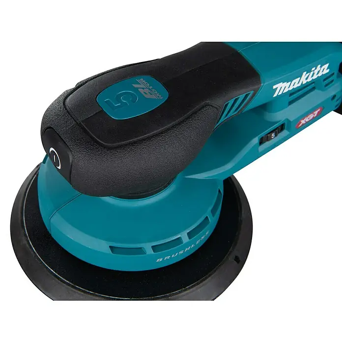 Makita XGT 40V max. Akku-Exzenterschleifer BO002CGZ - 40 V, Ohne Akku, Durchmesser Schleifteller: 150 mm - Nahaufnahme eines Makita XGT Akku-Exzenterschleifers mit variabler Geschwindigkeitsregelung und bürstenlosem Motor für effizientes Schleifen.