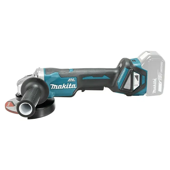 Makita LXT 18V Amoladora angular de batería DGA515 - 18 V, Sin batería, Diámetro disco: 125 mm - Amoladora angular inalámbrica Makita con detalles en verde azulado y un mango negro. Ideal para aplicaciones de esmerilado.
