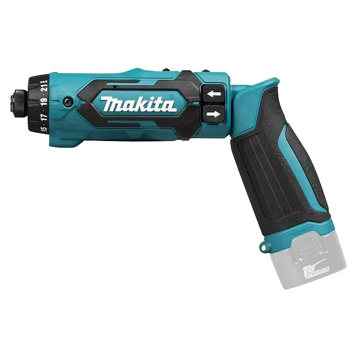 Makita Atornillador recto de batería DF012D - 7,2 V, Sin batería, 5,6 Nm - Primer plano de un destornillador inalámbrico Makita turquesa y negro, ideal para trabajos de precisión y uso diario.