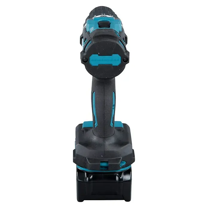 Makita XGT 40V max. Set de taladro atornillador de batería DF002GA202 - 40 V, 2 baterías, 2 Ah, Momento de torsión máx.: 64 Nm - Primer plano de un taladro inalámbrico, mostrando su diseño robusto y su precisa fabricación.\n