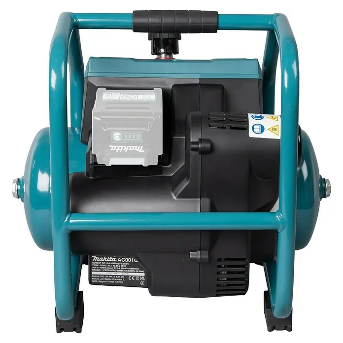 Makita XGT 40V max. Compresor de batería AC001GZ - 40 V, Sin batería, 9,3 bar - Imagen de un compresor inalámbrico Makita AC001 con estructura protectora azul, ideal para uso portátil en obras.