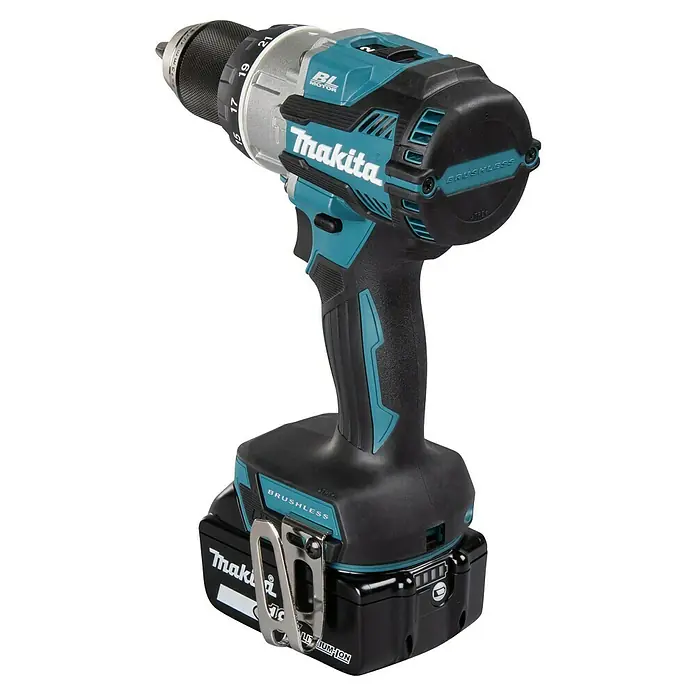 Makita LXT 18V Taladro atornillador percutor de batería DHP489RTJ - 18 V, 2 baterías, 5 Ah, 73 Nm - Taladro inalámbrico Makita con motor sin escobillas, ideal para tareas de perforación y atornillado potentes y precisas.