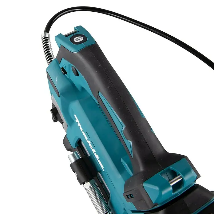 Makita LXT 18V Akku-Fettpresse DGP180Z - 18 V, Ohne Akku - Nahaufnahme einer blauen Makita-Fettpresse mit schwarzem Griff und flexiblem Schlauch. Ideal für Wartungsarbeiten.