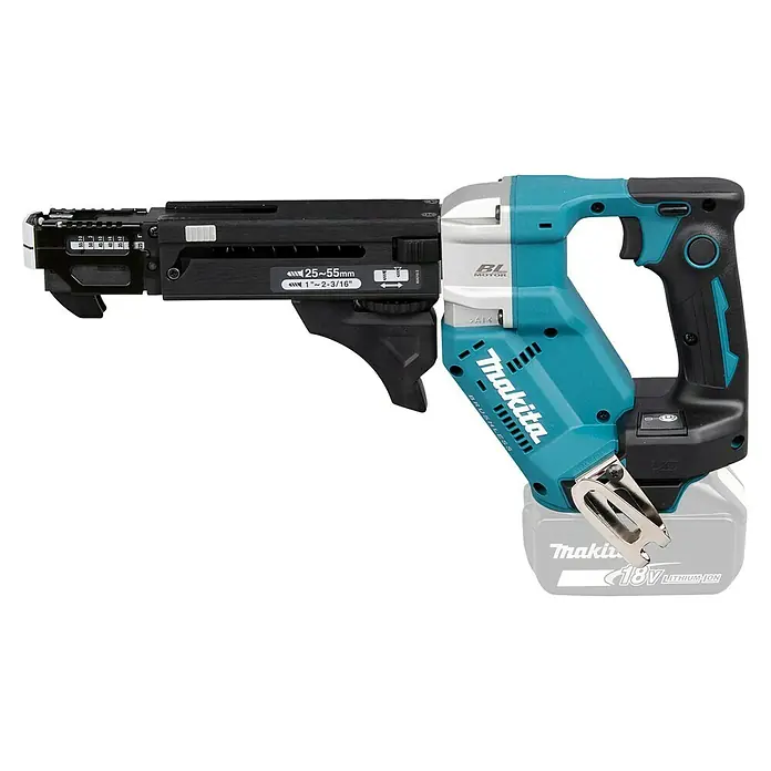 Makita LXT 18V Atornillador para placas de yeso de batería DFR551Z - 18 V, Sin batería, 6.000 r.p.m. - Primer plano del atornillador inalámbrico Makita DFS452Z, una herramienta con profundidad de tornillo ajustable y un motor sin escobillas para un trabajo eficiente.