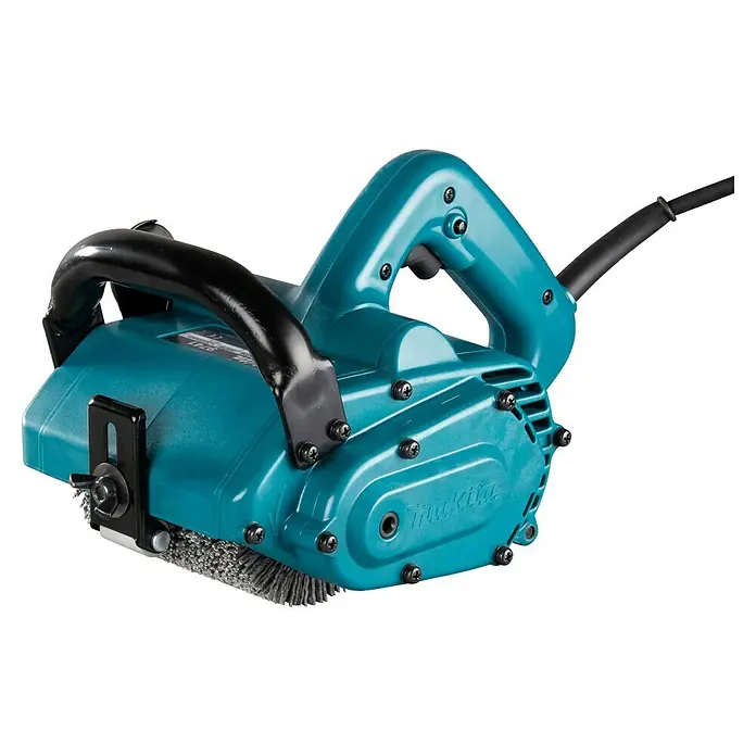 Makita Renovierungsschleifer 9741J - Leerlaufdrehzahl: 3.500 U/min, 860 W - Makita Stahlbürstenmaschine mit einem blauen Gehäuse und schwarzem Griff. Das ideale Werkzeug zum Entrosten und Reinigen.