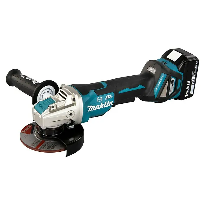 Makita LXT 18V Akku-Winkelschleifer DGA519RTJ - 18 V, 2 Akkus, Durchmesser Scheibe: 125 mm - Das Bild zeigt einen Makita Akku-Winkelschleifer mit X-Lock-System und einem 18V Lithium-Ionen-Akku, ideal für Schleifarbeiten.