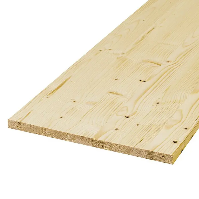 Exclusivholz Leimholzplatte - Fichte, Qualitätsstufe Leimholzplatte: A/B, 1.200 x 250 x 28 mm - Eine einzelne helle Kieferholzplatte mit sichtbarer Maserung und Ästen, ideal für Bau- oder Bastelprojekte.